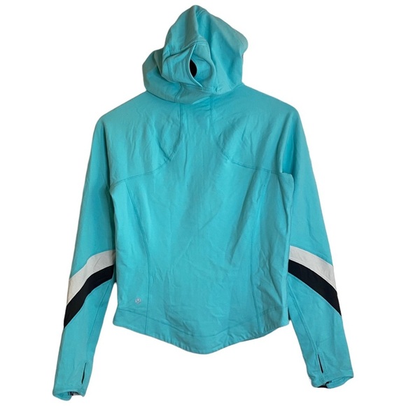 Lululemon Blue White Black Track Jacket Hood Ponytail Hole Thumbholes Pockets 8 - Picture 2 of 15